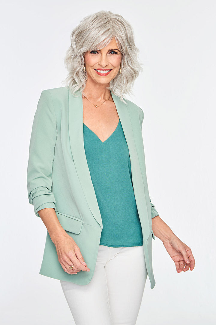 Model wearing Lively wig by Gabor in Light Grey | Front Full body 2