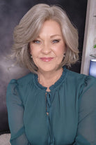 Woman with short gray bob wig (Trend Alert Luxury by Gabor in Silver and Smoke)