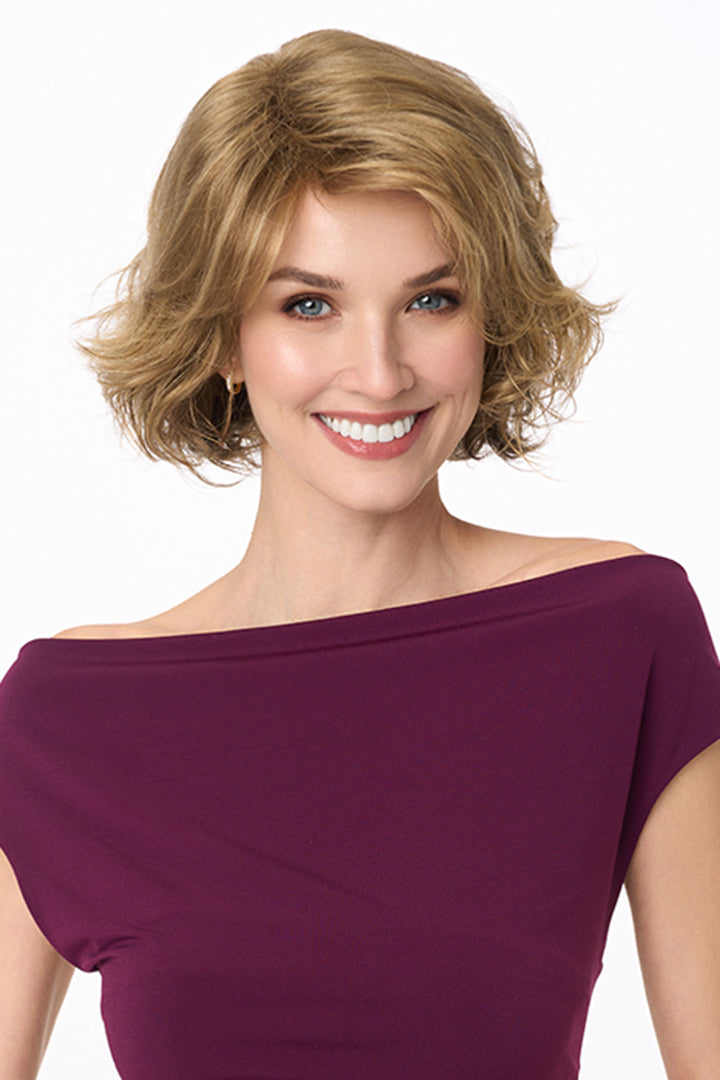 Gia Mono synthetic wavy bob wig with a lace front and monofilament top in a natural light brown shade.
