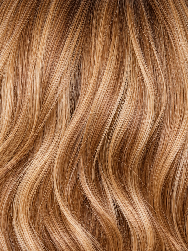 Glazed Caramel-R | Rich warm brown and dark blonde tones are paired with naturally placed ashy highlights, creating beautiful dimension and movement. Dark root adds depth for a polished, salon-fresh finish with a modern edge.