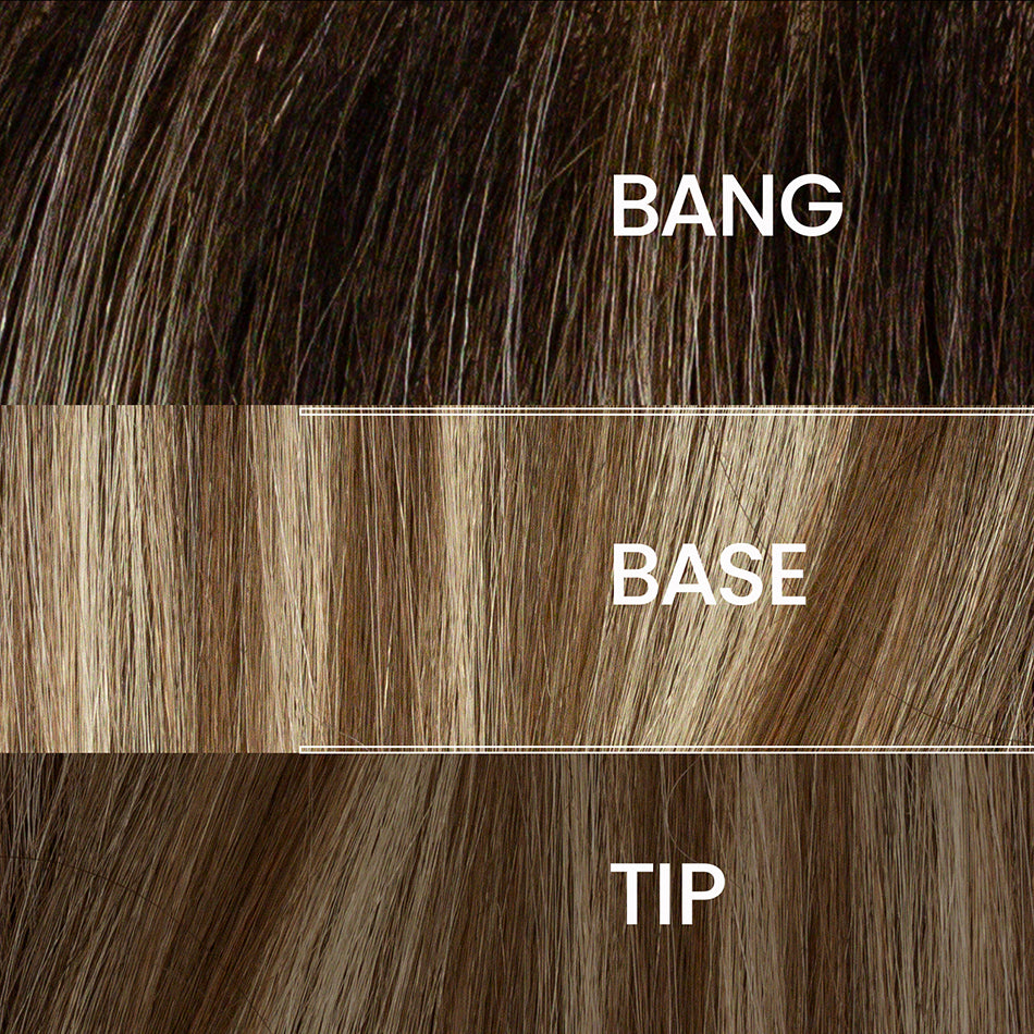 Honey Caramel Cascade | 12/22/27/25/R8 | Dark blonde Platinum Blonde pale Auburn and Medium Golden Blonde blend with Root
