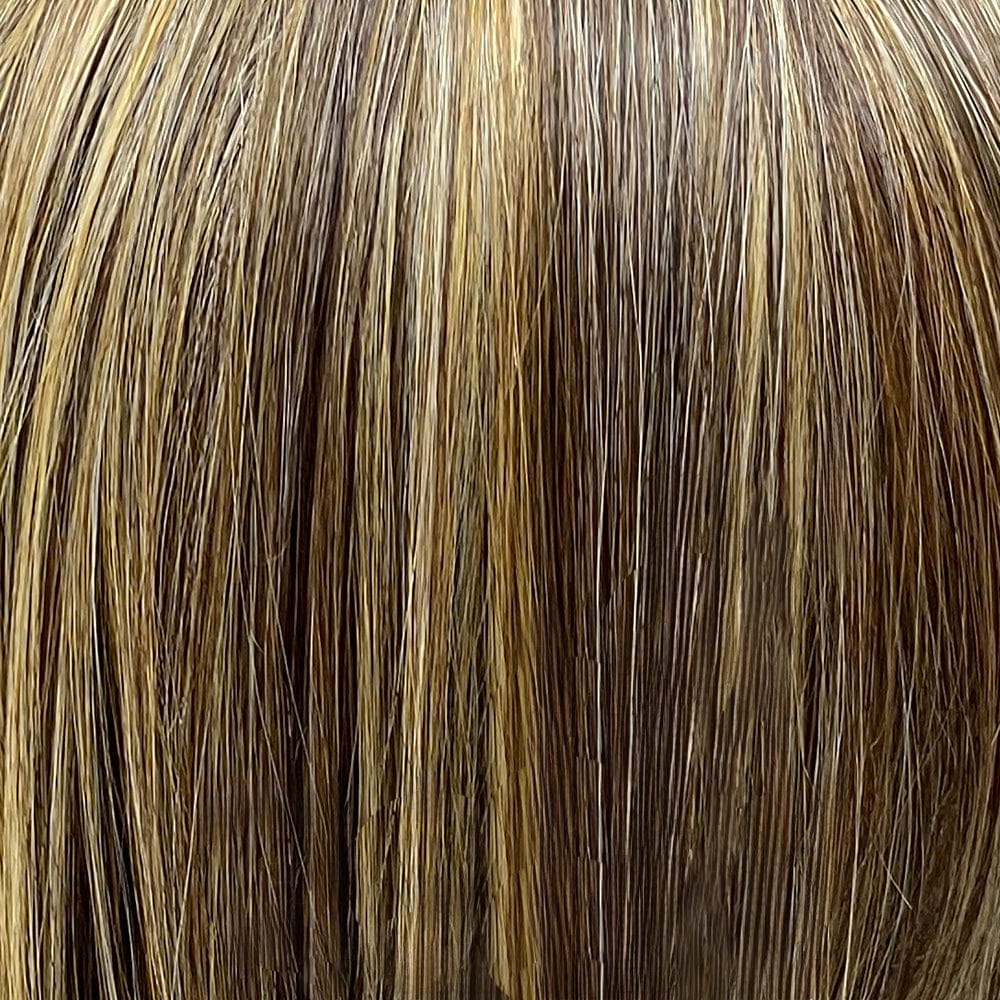 Hazelnut Syrup | 6/33/613 | An unrooted, mixture of medium brown, hint of dark auburn, gold blonde, highlighted with light blonde.