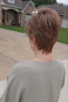 Woman wearing short auburn pixie wig (Pebbles by Henry Margu in 8/27/26HR)