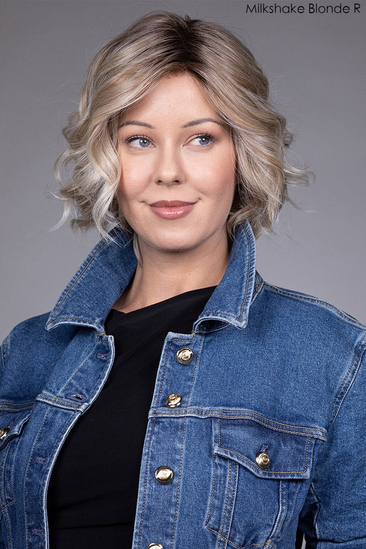 Model wearing Houston wig by Belle Tress in Milkshake Blonde-R Front