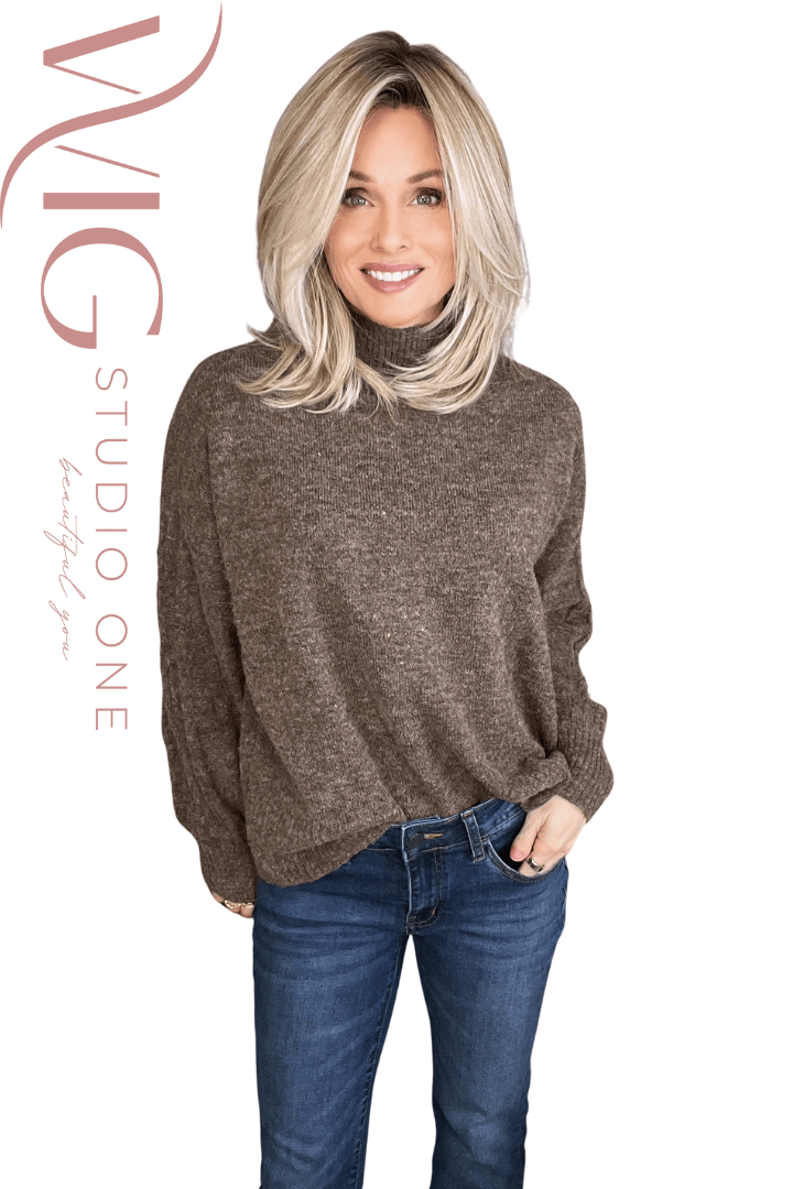 Woman wearing layered blonde rooted shoulder length wig (Henry Margu's London in 26GR)