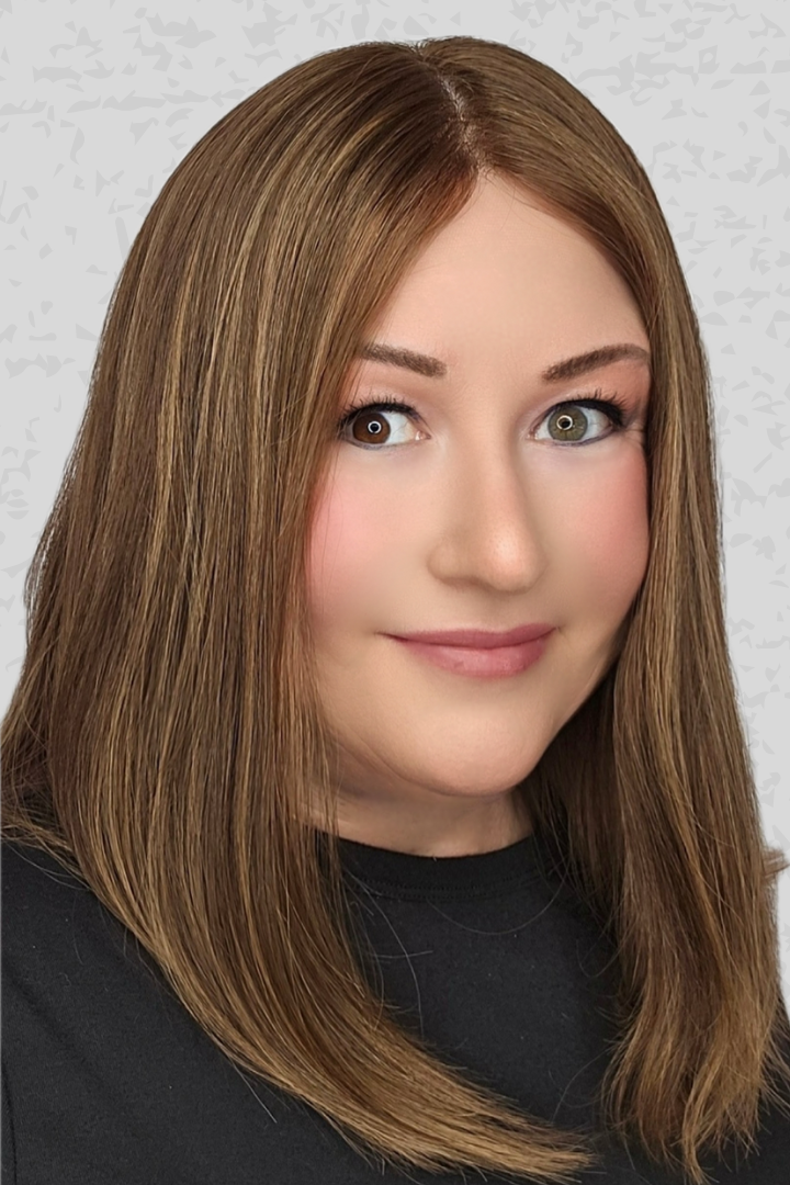 Woman with medium length brown Bespoke 12-18 inch wig in color Jolie