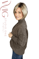 Woman wearing rooted blonde chin-length bob style (Jon Renau's Ava in 12SF8) side