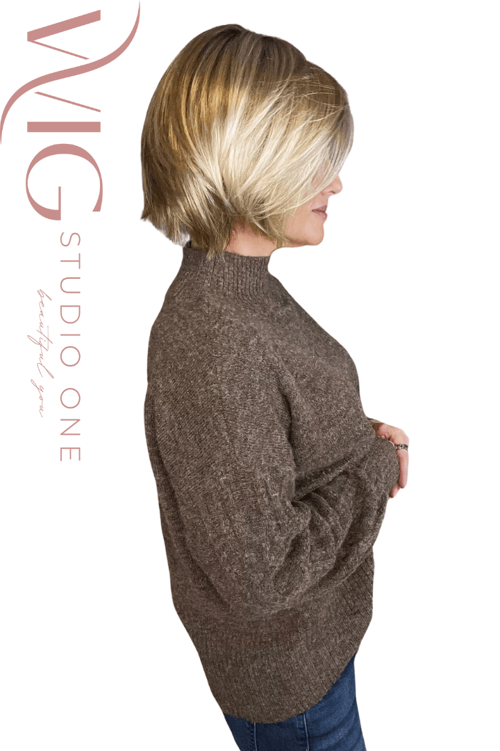 Woman wearing rooted blonde chin-length bob style (Jon Renau's Ava in 12SF8) side