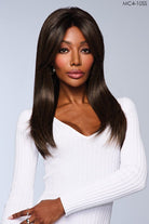 Model wearing Charice wig by Kim Kimble wig in MC4-10SS Espresso Martini | Front Close Up