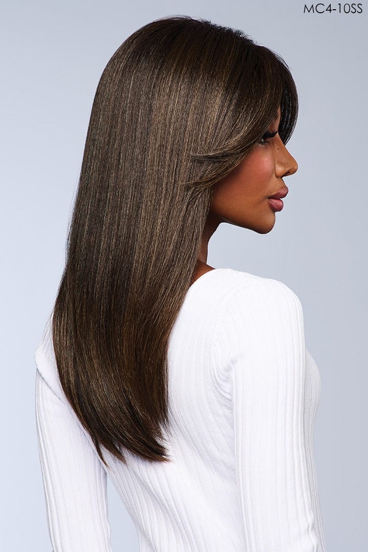 Model wearing Charice wig by Kim Kimble wig in MC4-10SS Espresso Martini | Right Side