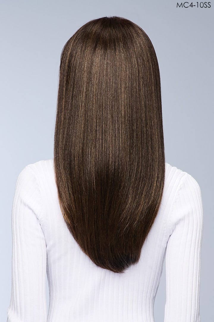 Model wearing Charice wig by Kim Kimble wig in MC4-10SS Espresso Martini | Back