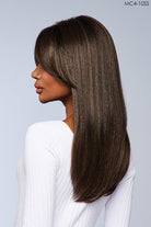 Model wearing Charice wig by Kim Kimble wig in MC4-10SS Espresso Martini | Left Side