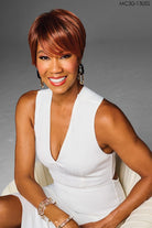 Model is wearing Kessie wig by Kim Kimble in MC30-130SS Cherry Cola | Front Close Up