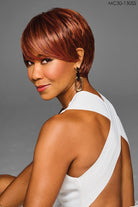 Model is wearing Kessie wig by Kim Kimble in MC30-130SS Cherry Cola | Side close up looking over shoulder