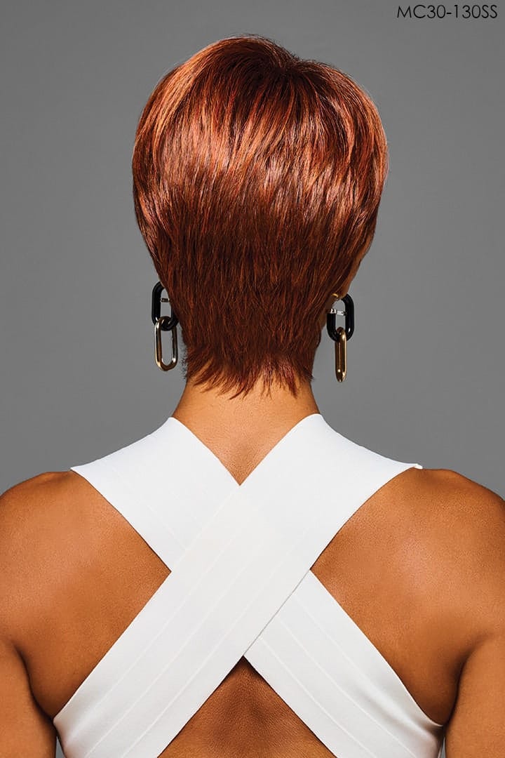 Model is wearing Kessie wig by Kim Kimble in MC30-130SS Cherry Cola | Back