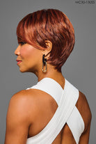 Model is wearing Kessie wig by Kim Kimble in MC30-130SS Cherry Cola | Left Side