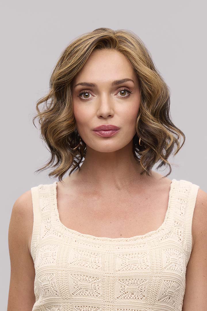 Lacy Lite by Jon Renau shoulder-length wavy lob wig in a highlighted brown shade with a natural lace front.