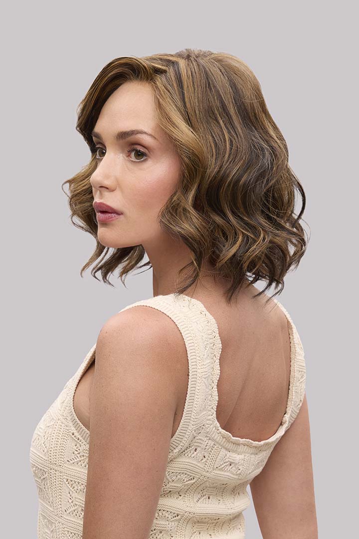 Lacy Lite by Jon Renau shoulder-length wavy lob wig with a natural lace front in a highlighted brown shade.