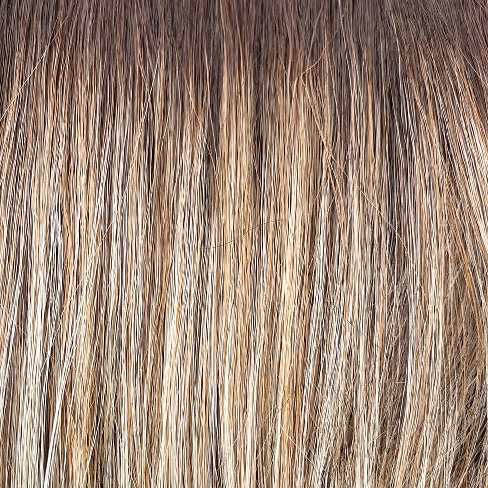 Macadamia Latte-R | 6/12/22+8 | A rooted medium & light brown base, highlighted w/ light gold blonde, & a mix of ash & light gold blonde. Blended w/ golden blonde, honey blonde, natural medium blonde, & champagne blonde highlights.