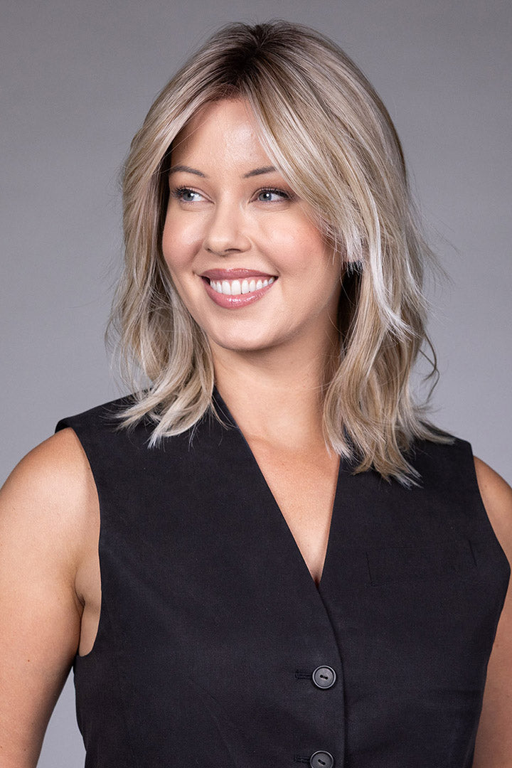 Woman wearing Monaco wig by Belle Tress in Milkshake Blonde R | Side 2
