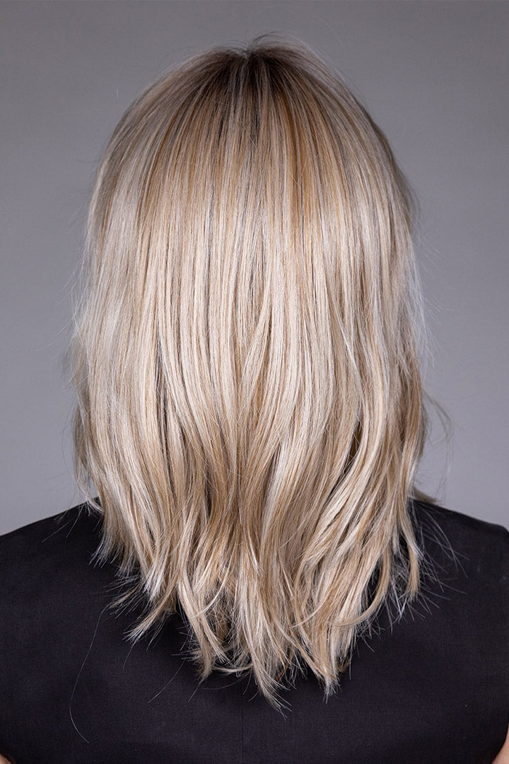 Woman wearing Monaco wig by Belle Tress in Milkshake Blonde R | Back