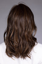 Woman wearing Munich wig by Belle Tress in Mocha Maple Brown | Back