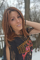 Woman wearing shoulder-length red wig (Megan by PUSH Hair in color Pumpkin Pie Spice R)