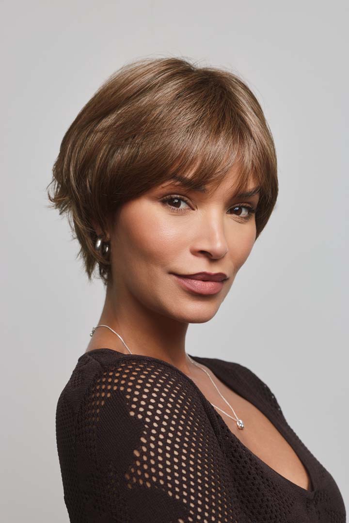 Mio by Noriko short layered brown pixie wig with a natural lace front and soft fringe.