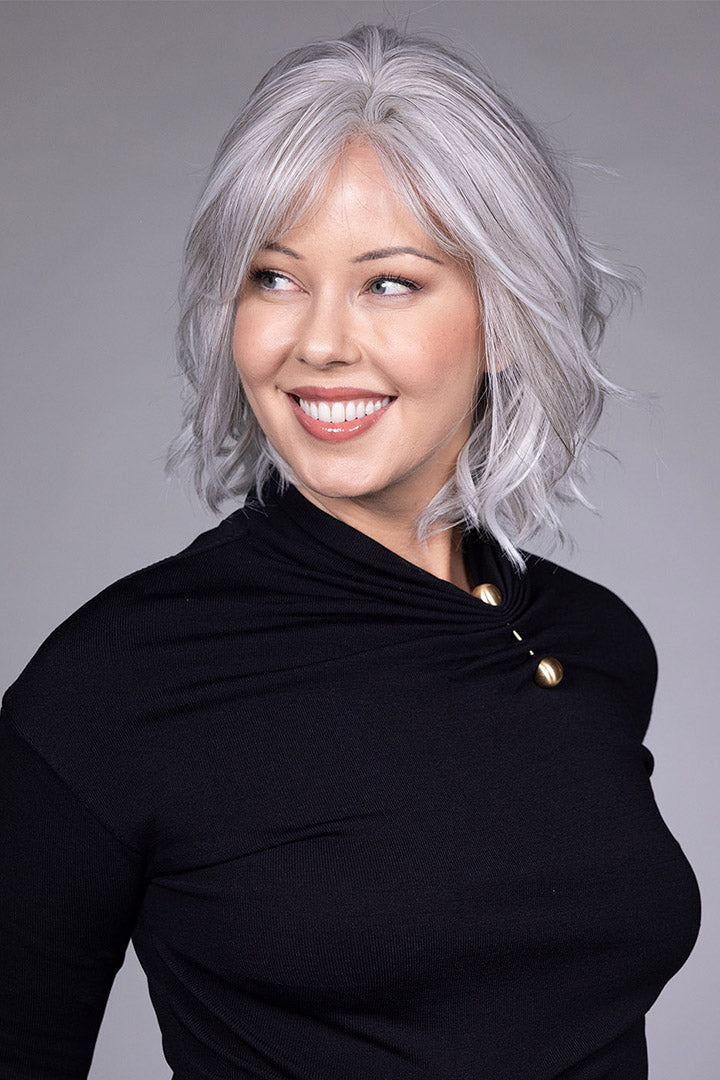 Woman wearing Naples wig by Belle Tress in Oyster Gray | Side
