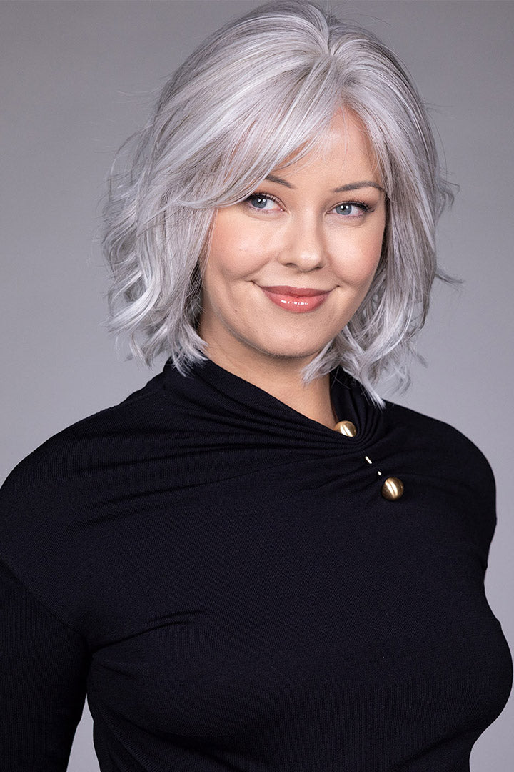 Woman wearing Naples wig by Belle Tress in Oyster Gray | Front 