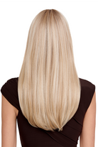 Woman wearing Next Top Model wig by TressAllure in Biscotti Blonde | back