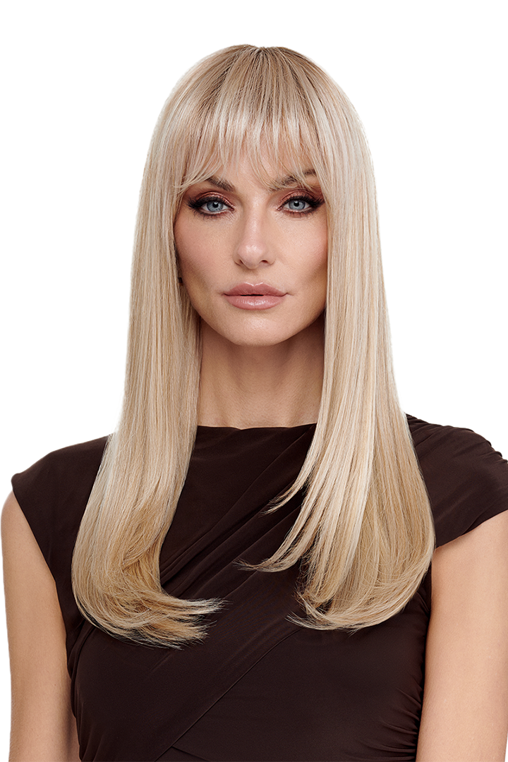 Woman wearing Next Top Model wig by TressAllure in Biscotti Blonde | Front Close Up