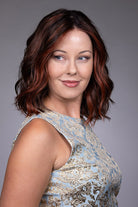 Orchid by Belle Tress shoulder-length wavy bob wig with money piece highlights and a lace front.