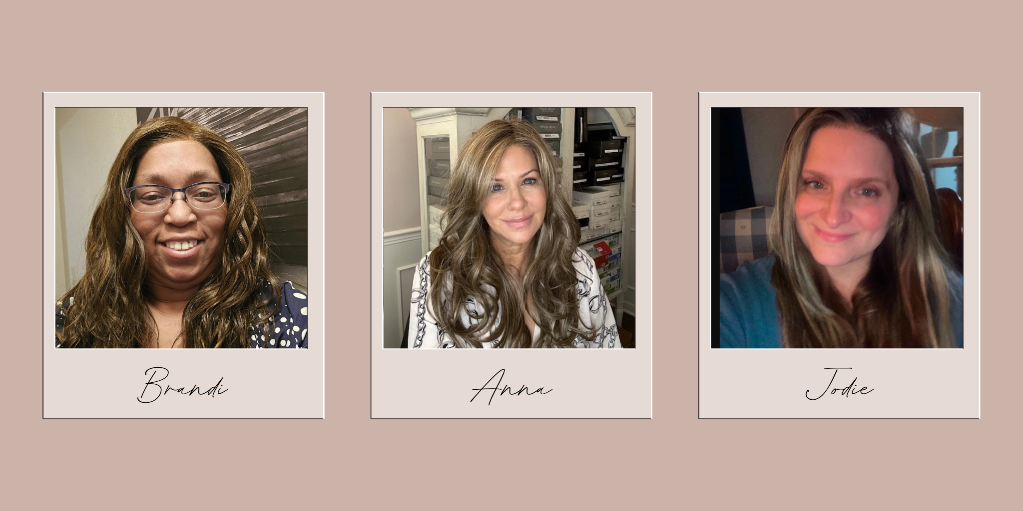 Three polaroid-style portraits of women with names underneath on a beige background