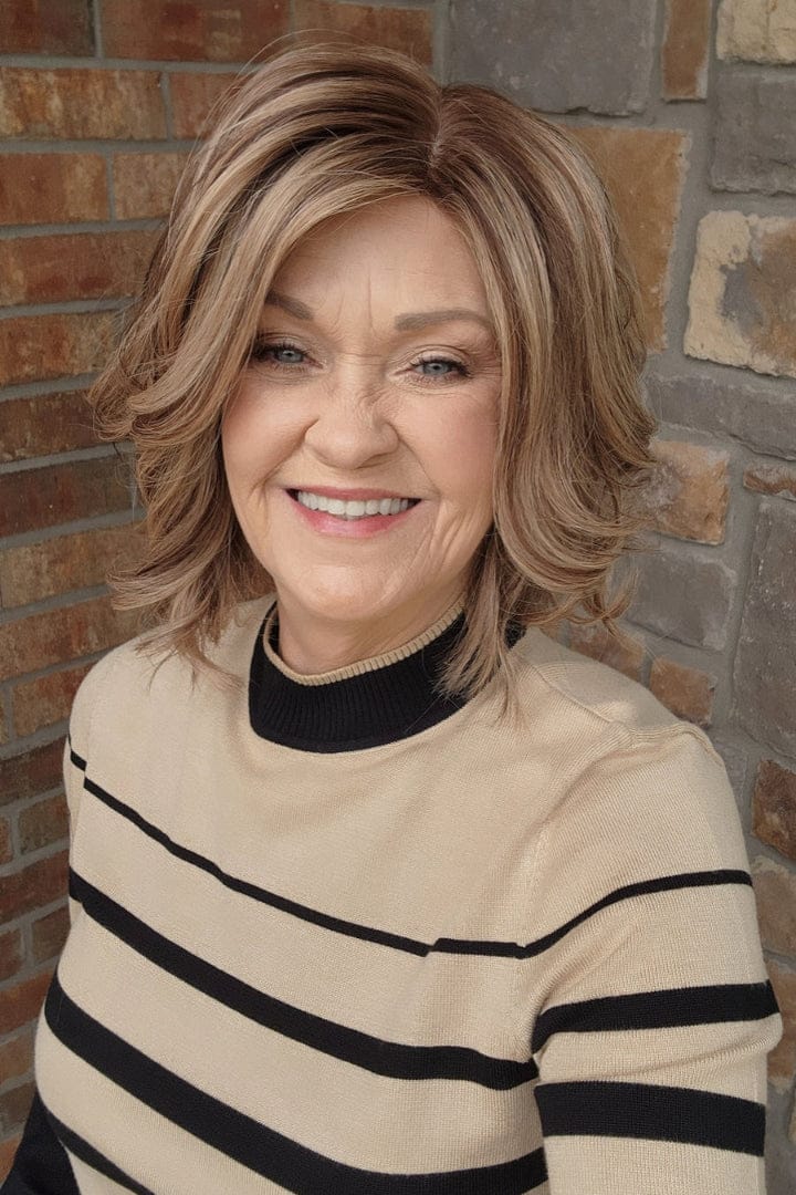 Genevieve Belle Cream wig on woman, front view