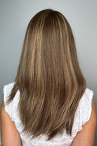 Woman with long straight brown wig (Gisele by PUSH Hair in Noisette) back