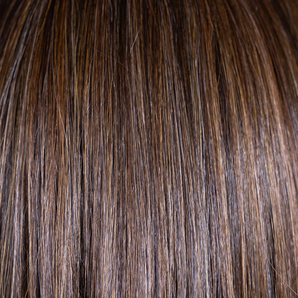 Peanut Butter Chocolate-R | 2/27/30+4 | Peanut Butter Chocolate Root is a rich blend of deep chocolate brown roots transitioning into warm peanut butter tones with caramel and honey highlights. This sunlit shade adds vibrancy and suits all skin tones.