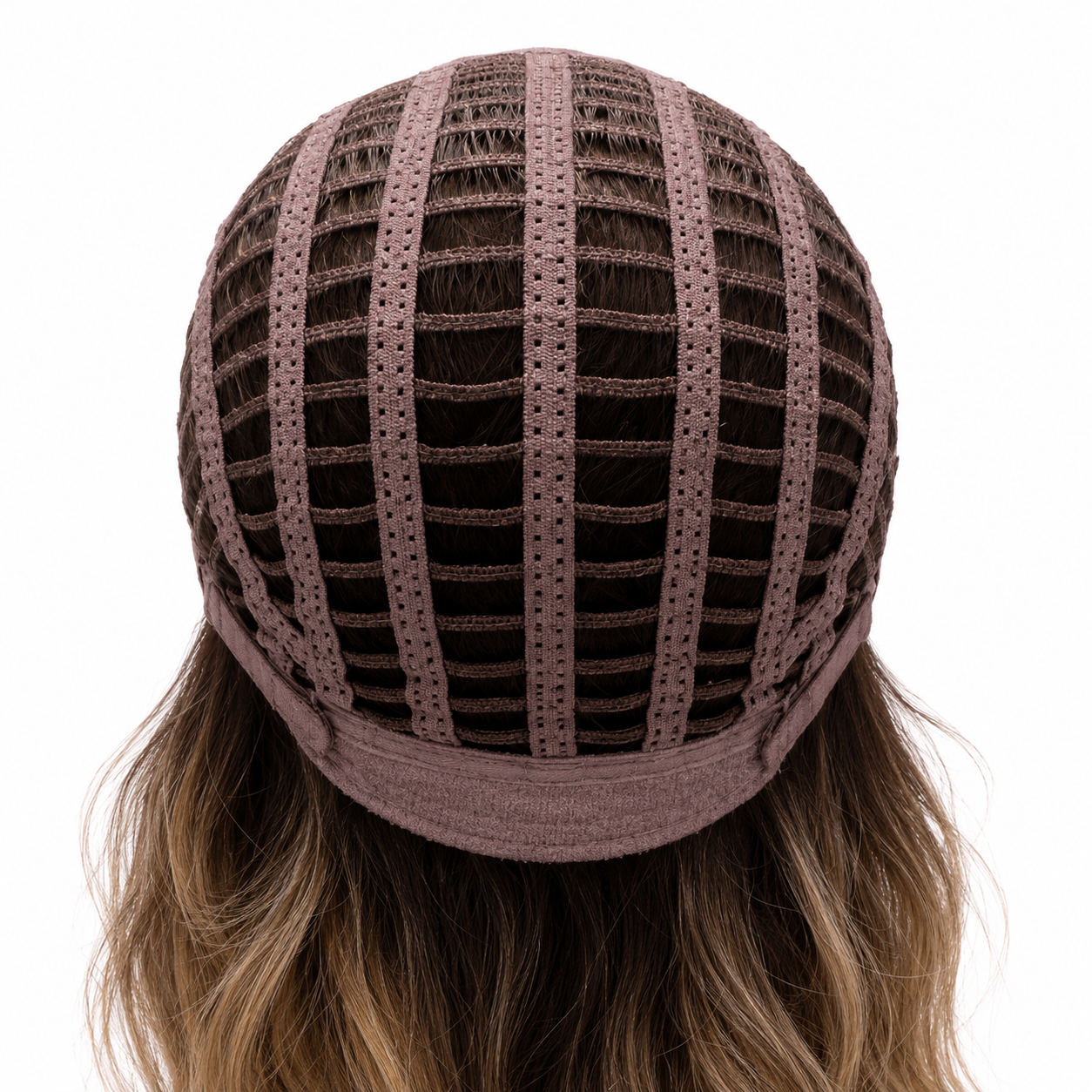 Back view of Phillipa wig showing the brown open-wefted cap construction and long wavy synthetic hair.