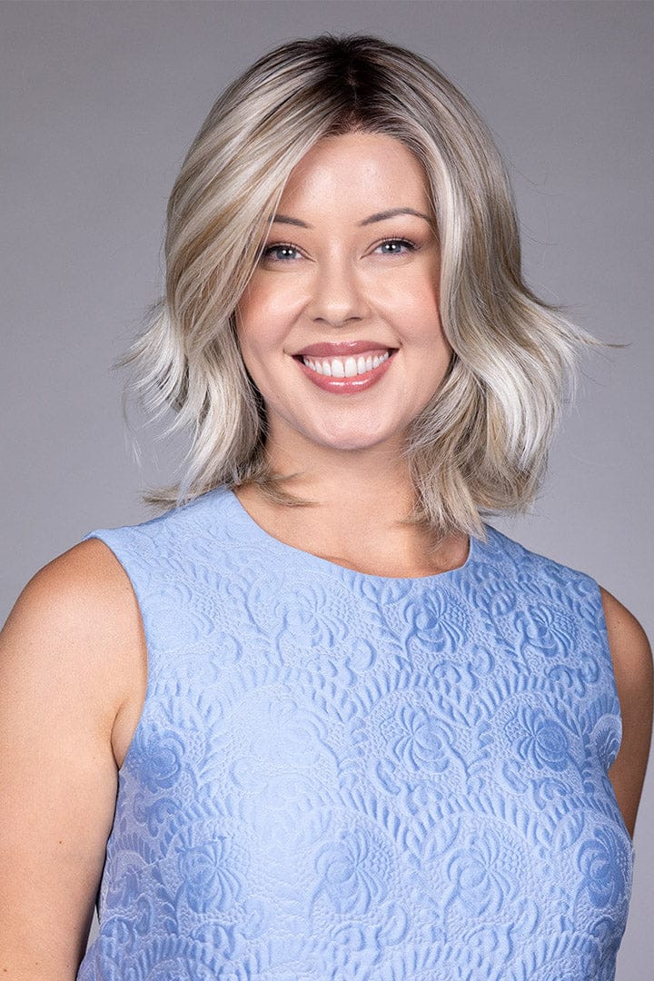 Woman wearing Rebecca wig by Belle Tress in Butterbeer R | Front