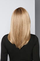 Back view of a blonde, shoulder-length synthetic lob wig with smooth, straight layers and a natural-looking finish.