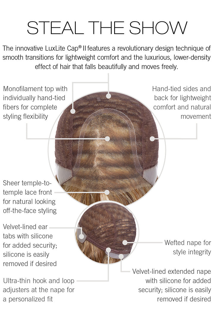 LuxLite Cap II construction for Steal The Show wig featuring a hand-tied monofilament top and lace front design.