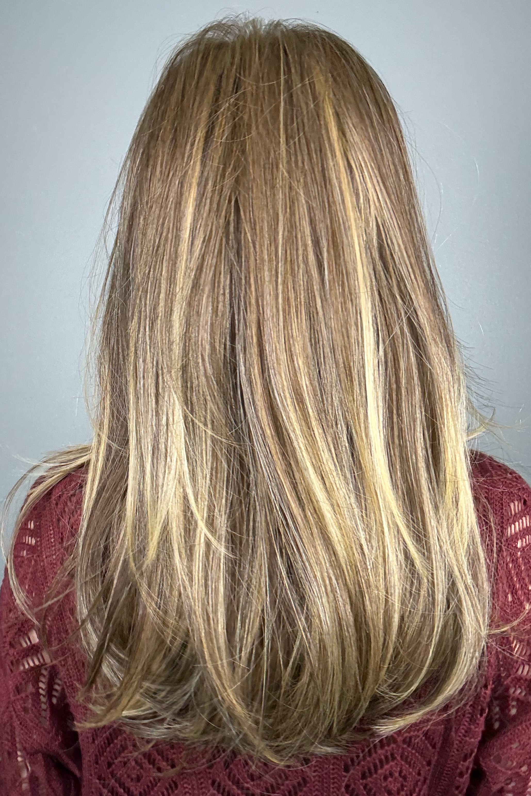 A woman with shoulder-length layered brown hair with blonde highlights and straight-cut bangs (wearing Revelry by Gabor in color Brown Blonde).