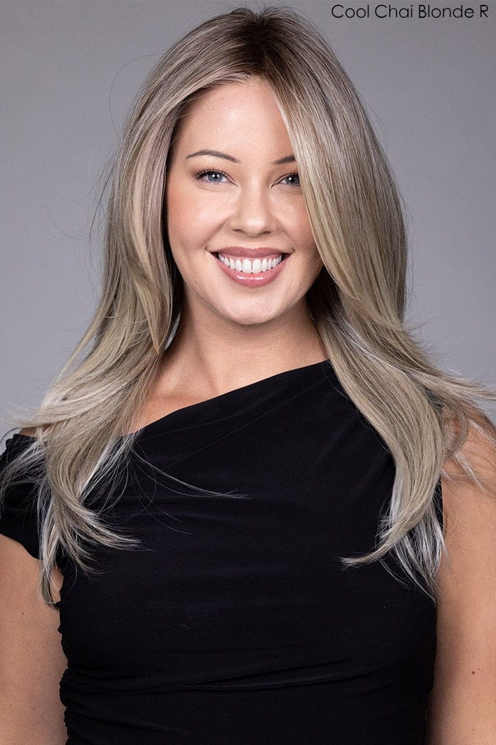 Model wearing Spears wig by Belle Tress in Cool Chai Blonde R | Front 