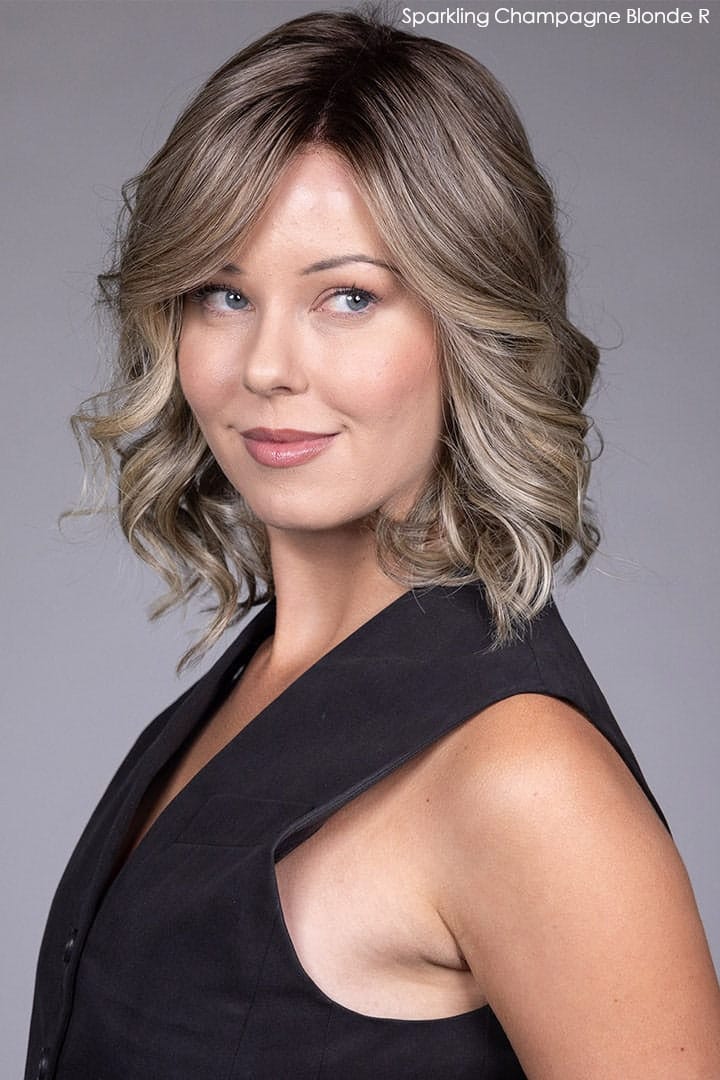 Model wearing Streep wig by Belle Tress in Sparkling Champagne Blonde R Front