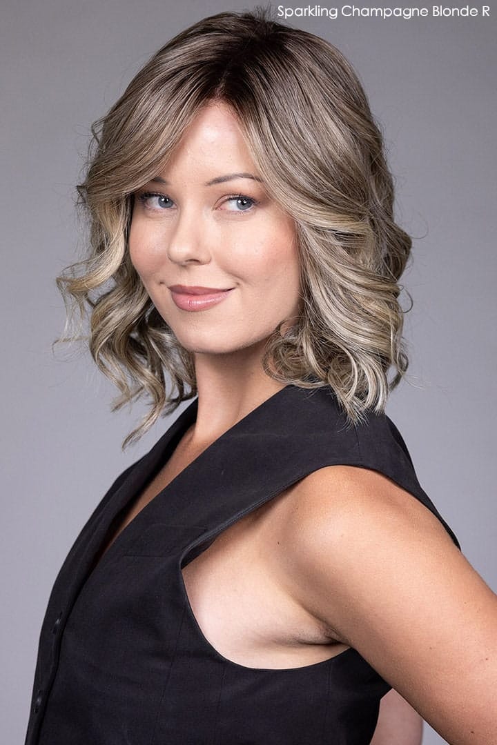 Model wearing Streep wig by Belle Tress in Sparkling Champagne Blonde R Front