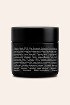 A small black cosmetic jar with a matte black lid and white text listing ingredients, centered on a light beige background.