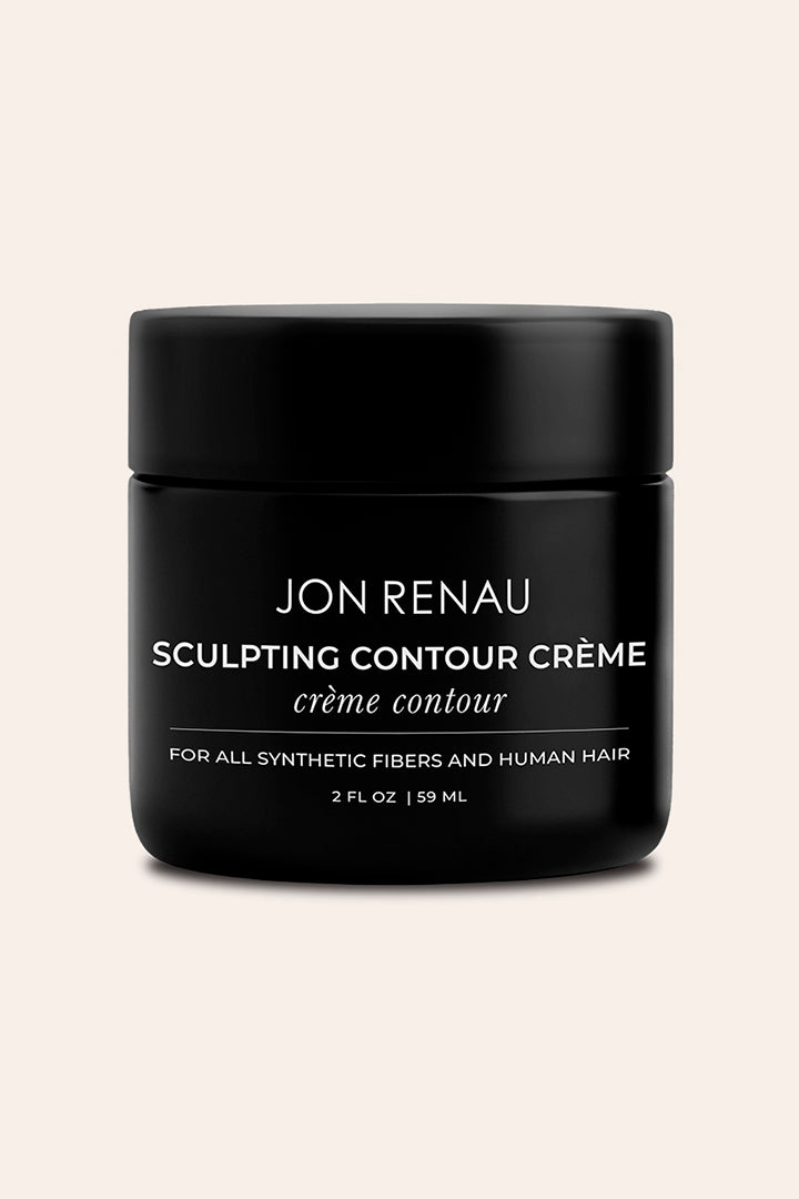 A black jar of Jon Renau Sculpting Contour Crème on a light beige background.