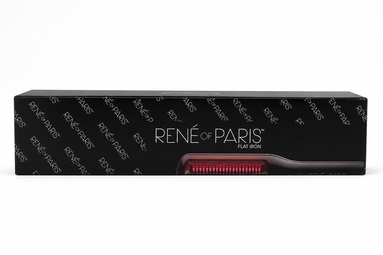 René of Paris flat iron packaging box in black with white branding and a small image of the flat iron on the front, shown on a white background.