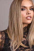 Woman wearing Slone wig by Rene of Paris in Butter Biscuit Blond | Side close up