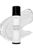 Envy Smooth & Shine Nourishing Serum bottle with a black cap against a clear, gel-like serum swirl background.
